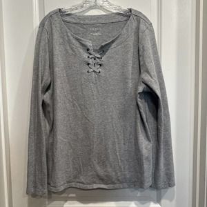 Talbots Size XL Women Long Sleeve Blouse Lace UP Pullover Cotton Top Casual Gray